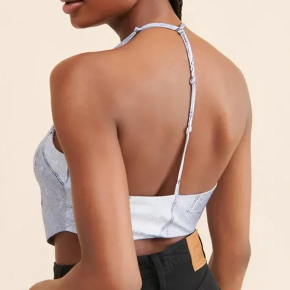 4th + Reckless Denim Print Cowl Neck Silk Top - Size S - Picture 1 of 6